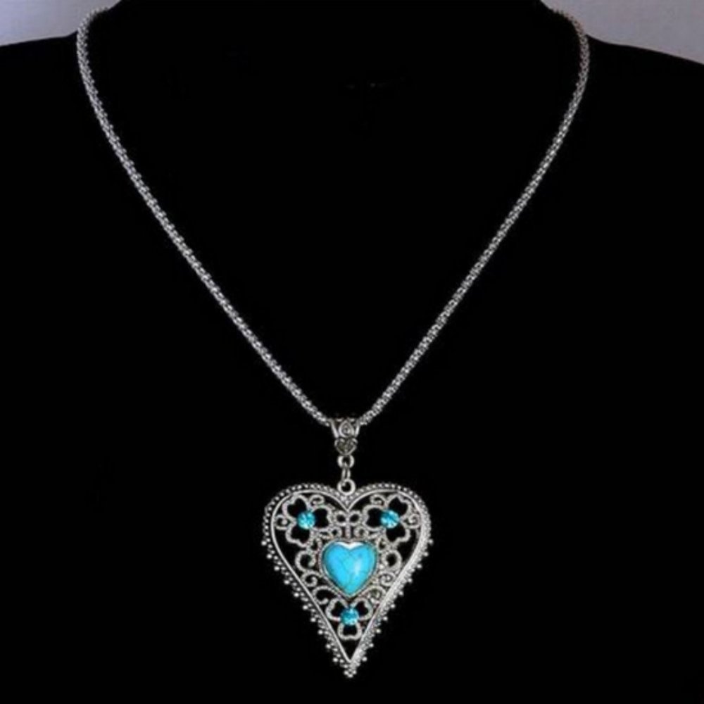 Heart Silver and Turquoise Crystal Pendant with Chain